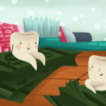 graphic illustration of teeth sitting on money next to a toothbrush and toothpaste, dental financial image