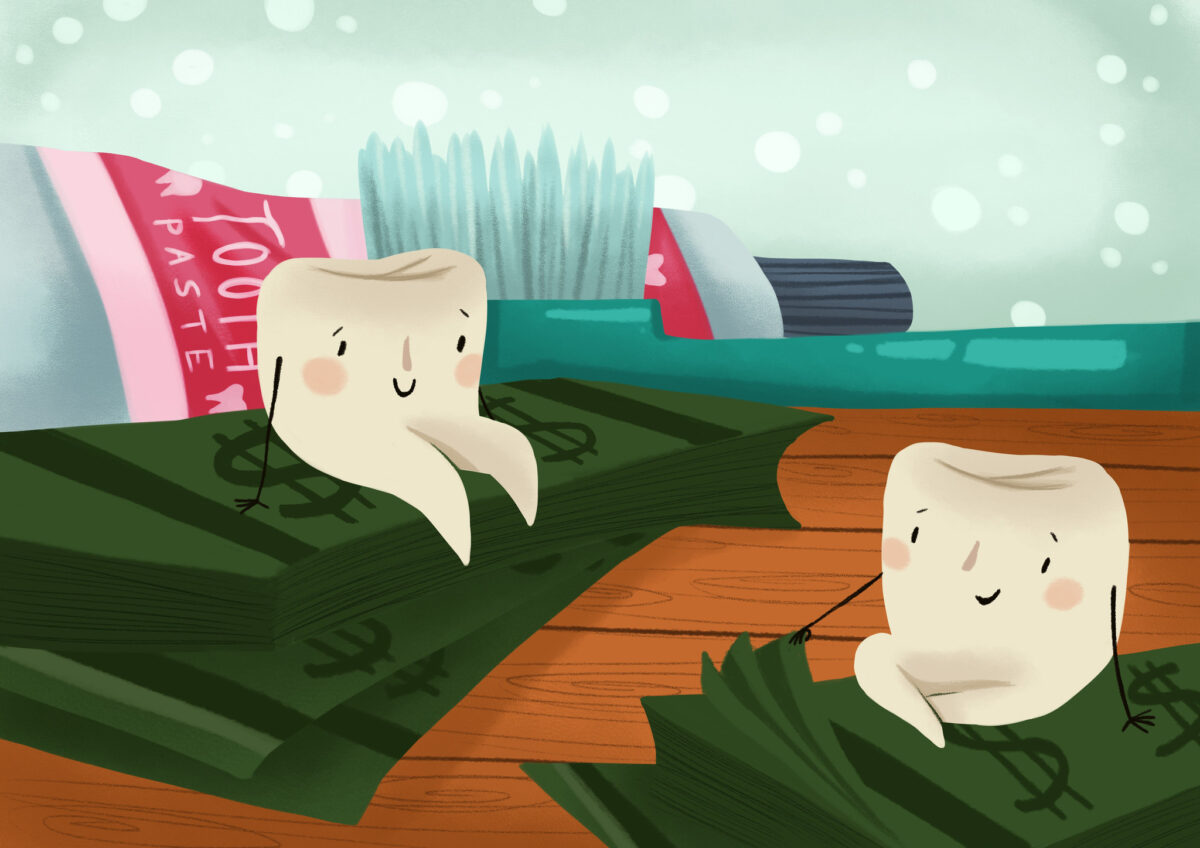 graphic illustration of teeth sitting on money next to a toothbrush and toothpaste, dental financial image